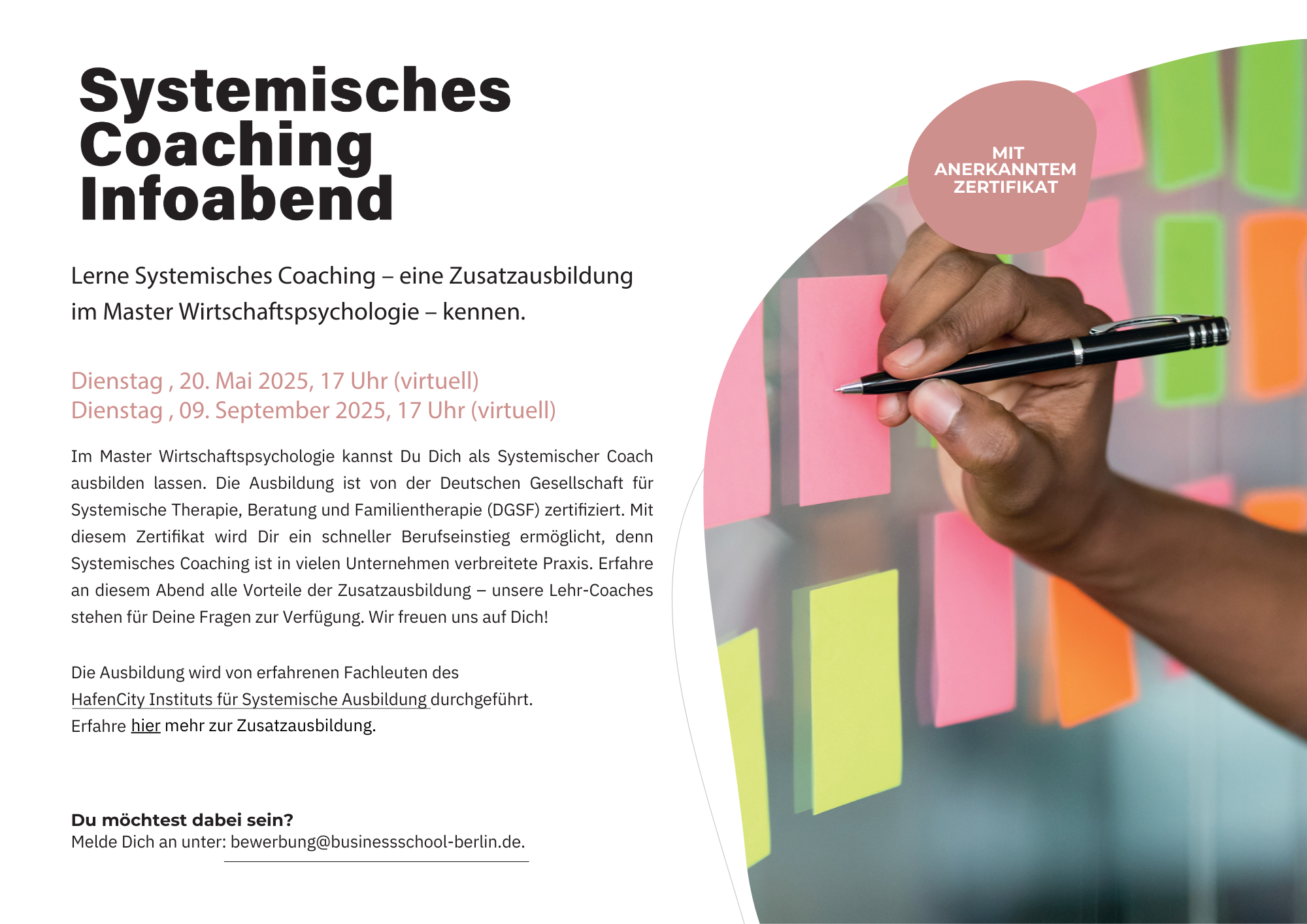 Flyer virtuelle Infoabende Systemisches Coaching an der BSP