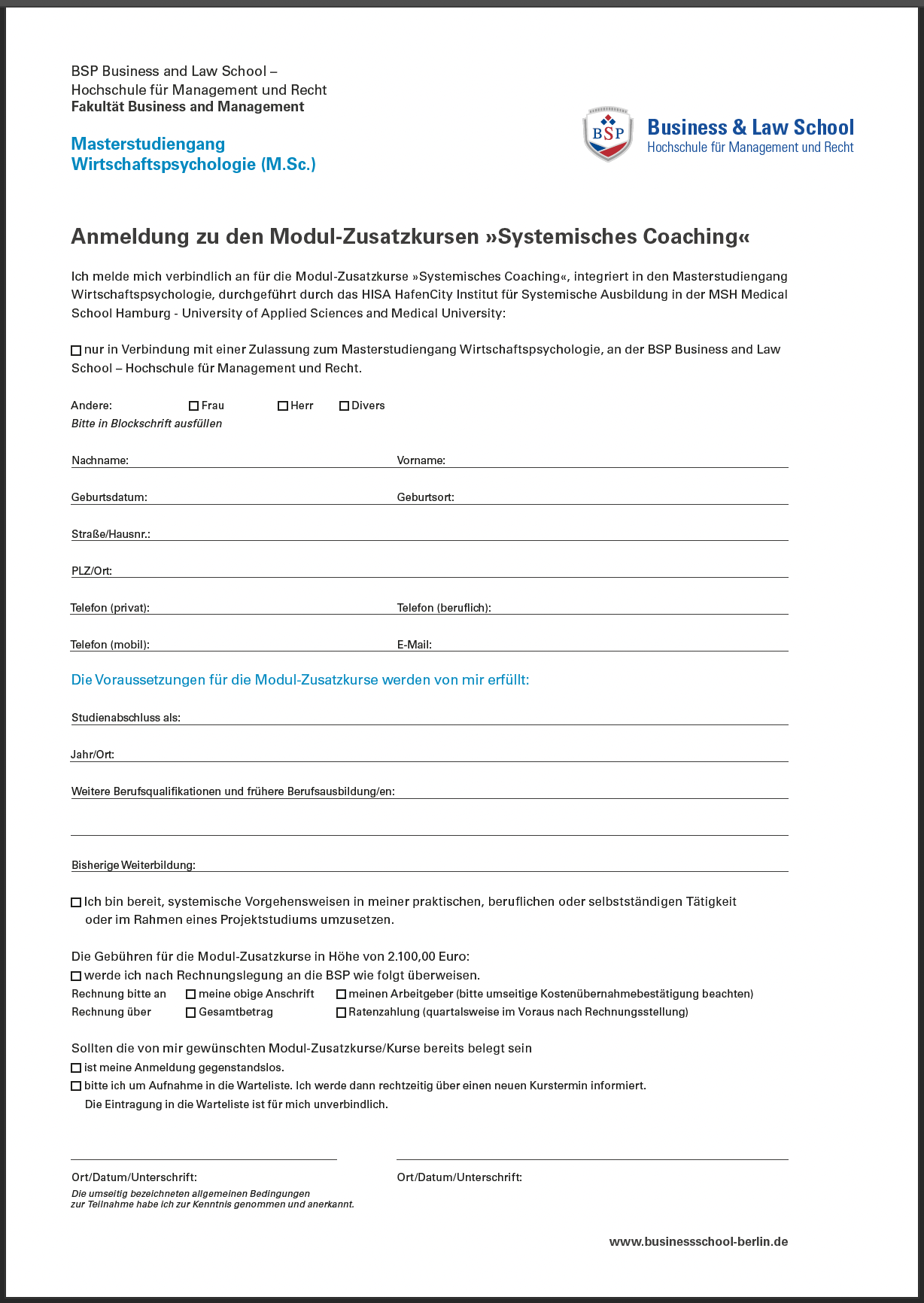 Anmeldung zu den Modul-Zusatzkursen  "Systemisches Coaching" Master Wirtschaftspsychologie