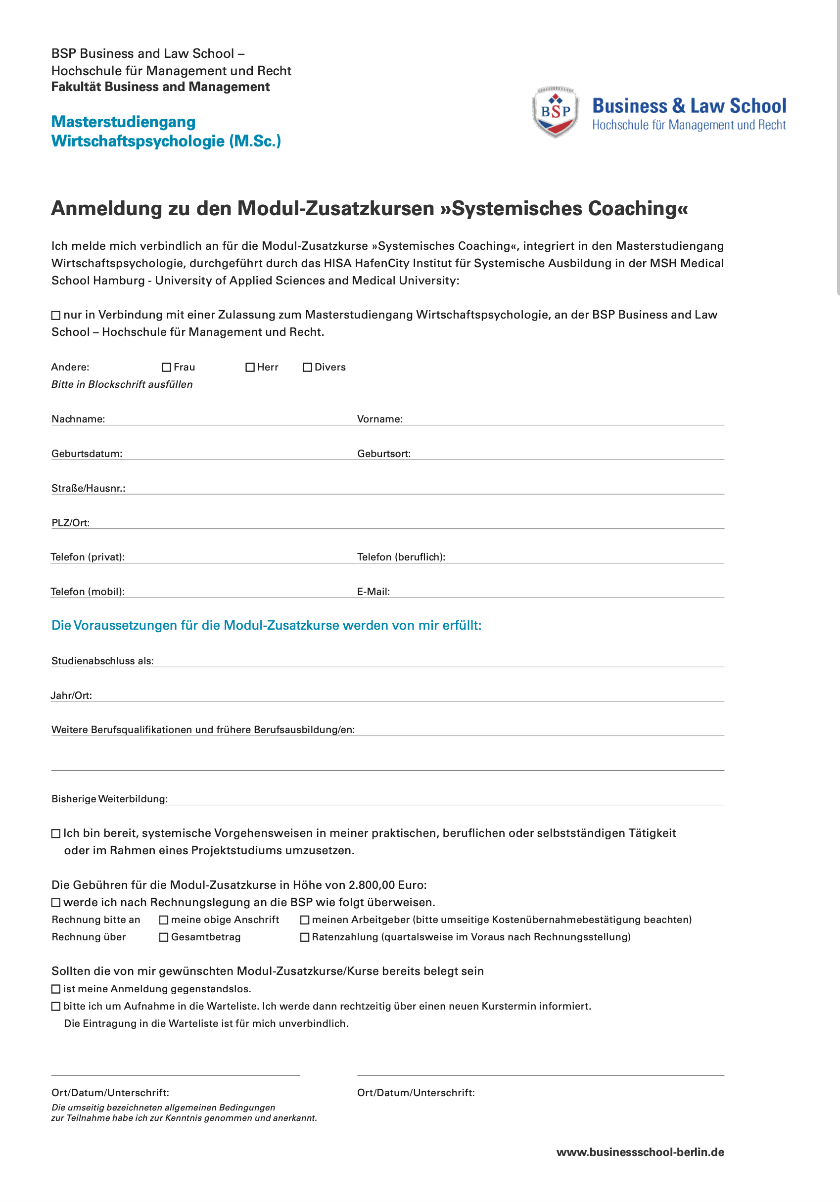 Anmeldung zu den Modul-Zusatzkursen  "Systemisches Coaching" Master Wirtschaftspsychologie