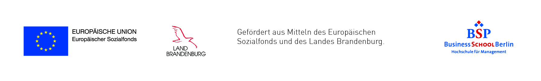 Logoleiste mit EU-Flagge, Land Brandenburg und Business School Berlin, Hinweis auf Förderung durch den Europäischen Sozialfonds.